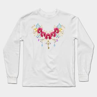 Pink Orchids with Beads and Gold Key Long Sleeve T-Shirt